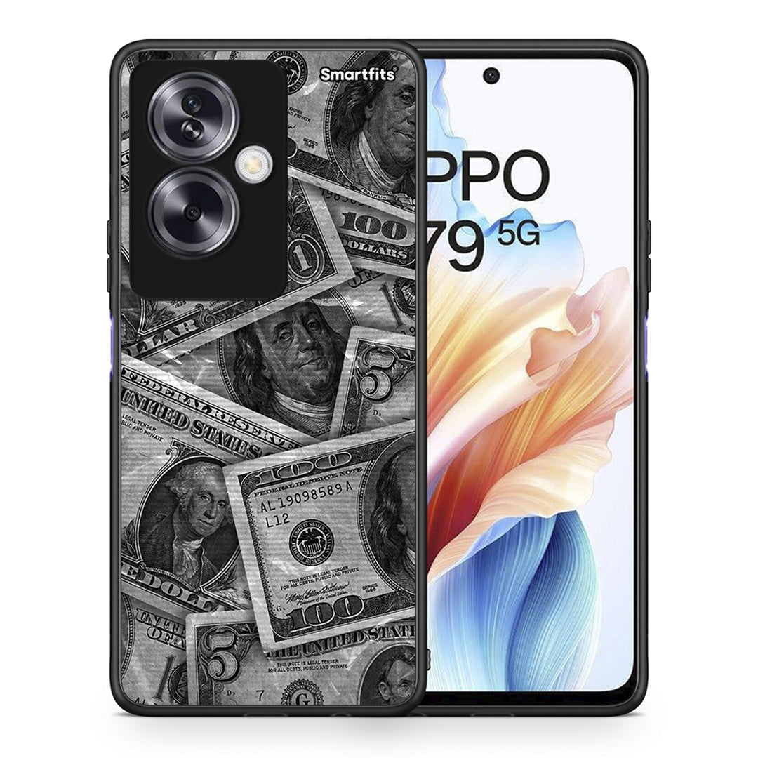 Θήκη Oppo A79 / A2 Money Dollars από τη Smartfits με σχέδιο στο πίσω μέρος και μαύρο περίβλημα | Oppo A79 / A2 Money Dollars case with colorful back and black bezels