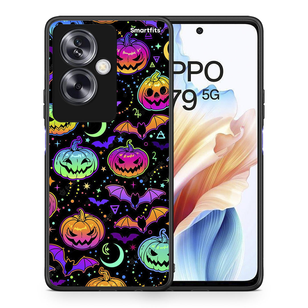 Θήκη Oppo A79 / A2 Neon Halloween από τη Smartfits με σχέδιο στο πίσω μέρος και μαύρο περίβλημα | Oppo A79 / A2 Neon Halloween case with colorful back and black bezels