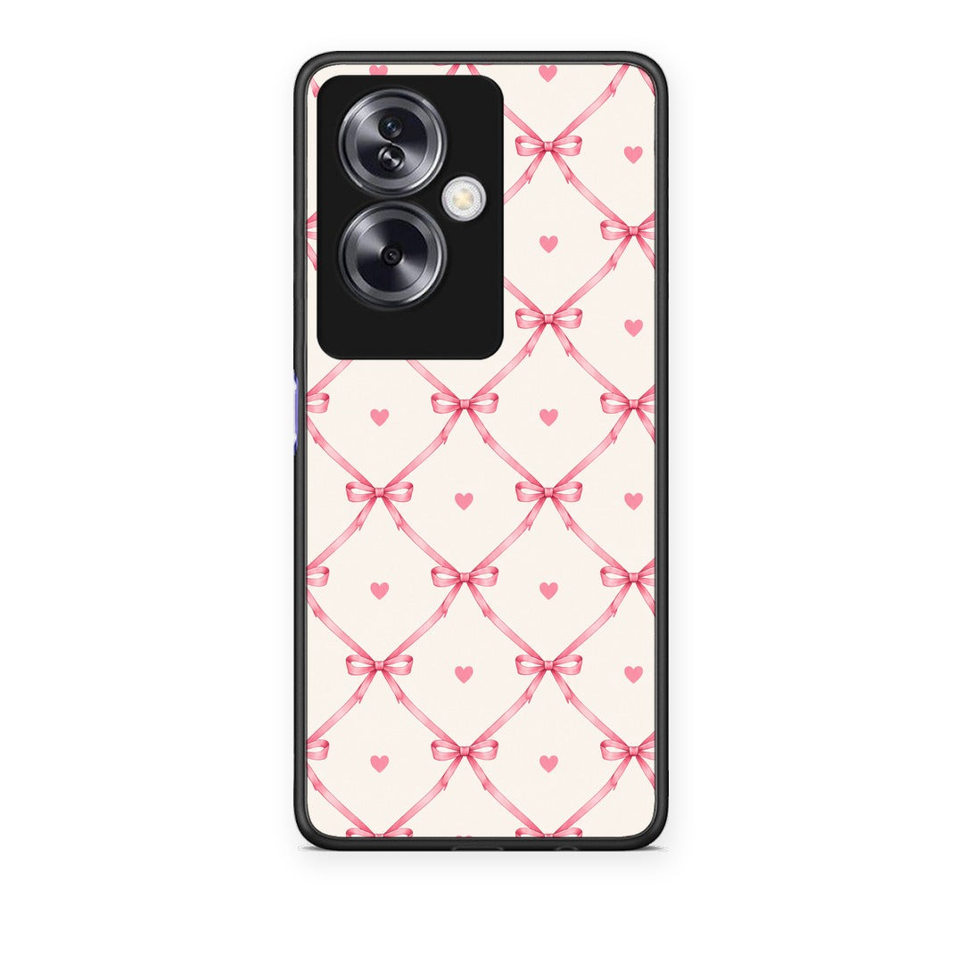 Θήκη Oppo A79 / A2 Pink Bow Lattice and Hearts on Cream από τη Smartfits με σχέδιο στο πίσω μέρος και μαύρο περίβλημα | Oppo A79 / A2 Pink Bow Lattice and Hearts on Cream case with colorful back and black bezels