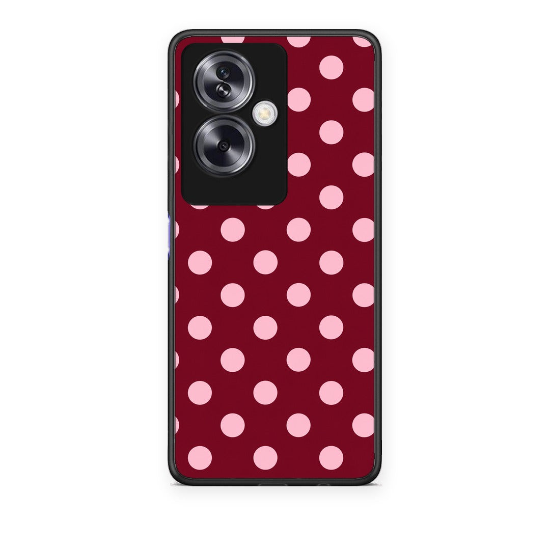 Θήκη Oppo A79 / A2 Pink Polka Dots on Burgundy από τη Smartfits με σχέδιο στο πίσω μέρος και μαύρο περίβλημα | Oppo A79 / A2 Pink Polka Dots on Burgundy case with colorful back and black bezels
