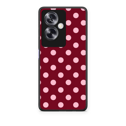 Θήκη Oppo A79 / A2 Pink Polka Dots on Burgundy από τη Smartfits με σχέδιο στο πίσω μέρος και μαύρο περίβλημα | Oppo A79 / A2 Pink Polka Dots on Burgundy case with colorful back and black bezels