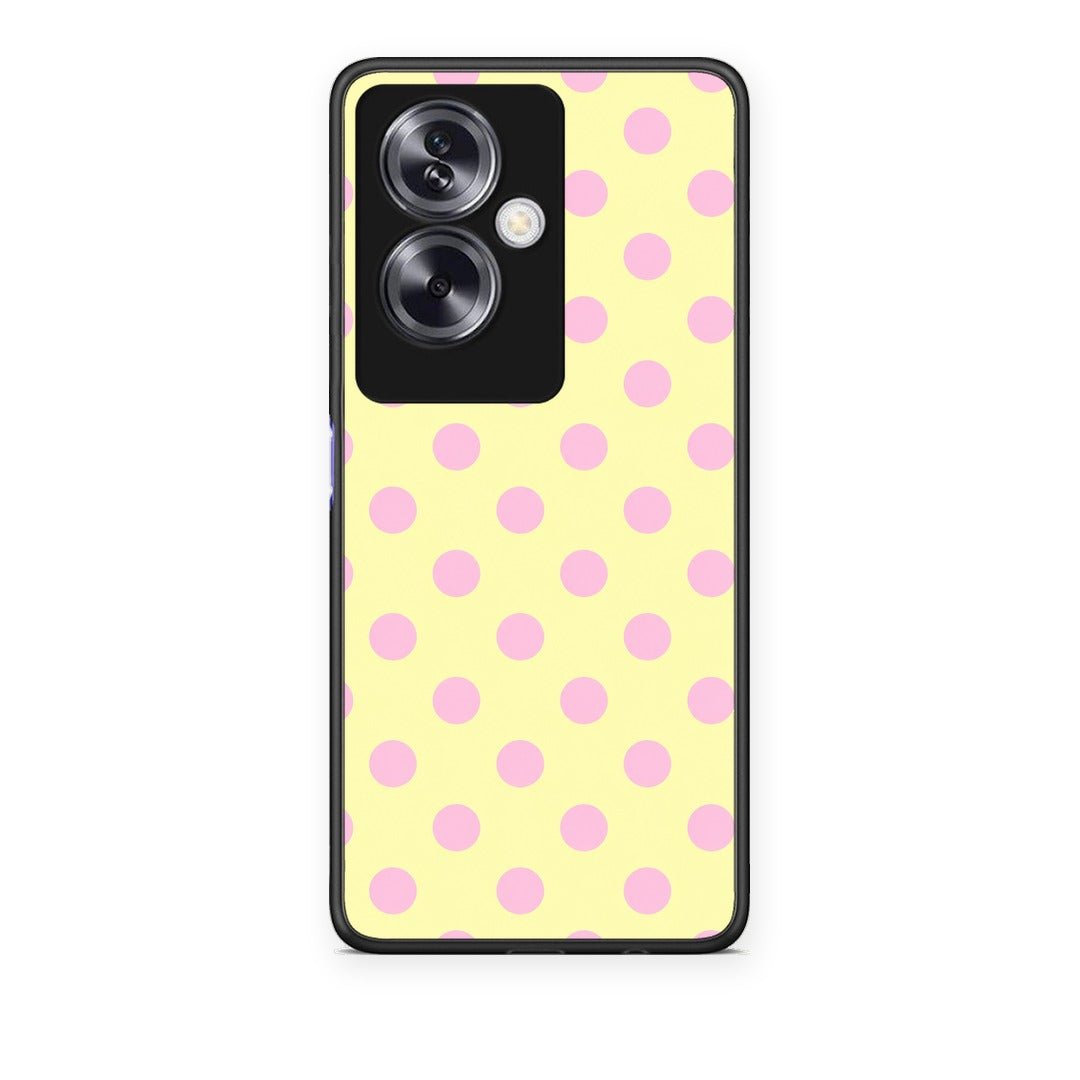 Θήκη Oppo A79 / A2 Pink Polka Dots on Yellow από τη Smartfits με σχέδιο στο πίσω μέρος και μαύρο περίβλημα | Oppo A79 / A2 Pink Polka Dots on Yellow case with colorful back and black bezels