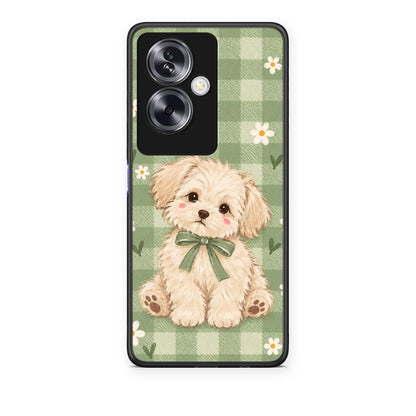 Θήκη Oppo A79 / A2 Puppy and Daisies on Sage Gingham από τη Smartfits με σχέδιο στο πίσω μέρος και μαύρο περίβλημα | Oppo A79 / A2 Puppy and Daisies on Sage Gingham case with colorful back and black bezels
