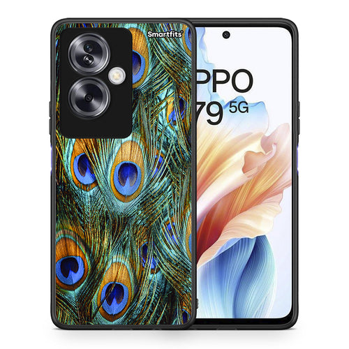 Θήκη Oppo A79 / A2 Real Peacock Feathers από τη Smartfits με σχέδιο στο πίσω μέρος και μαύρο περίβλημα | Oppo A79 / A2 Real Peacock Feathers case with colorful back and black bezels