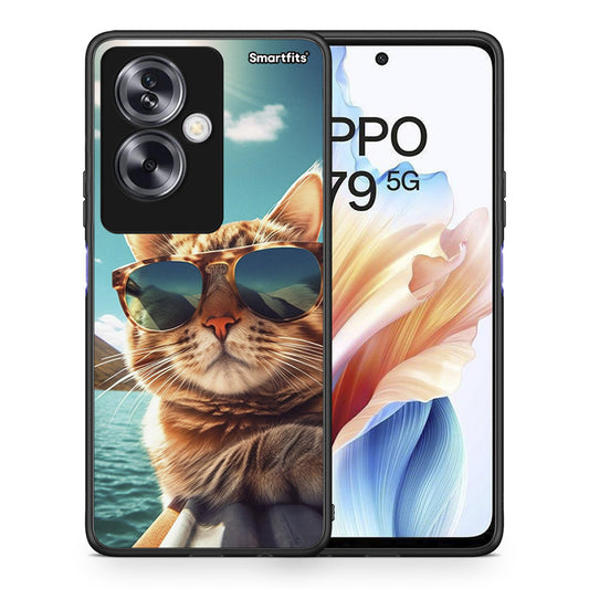 Θήκη Oppo A79 / A2 Summer Cat από τη Smartfits με σχέδιο στο πίσω μέρος και μαύρο περίβλημα | Oppo A79 / A2 Summer Cat case with colorful back and black bezels