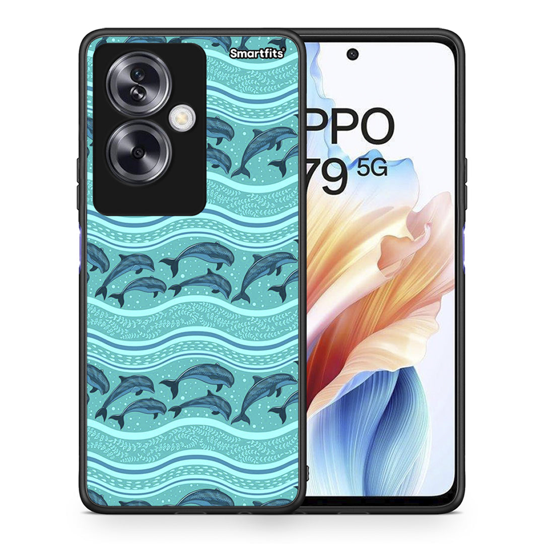 Θήκη Oppo A79 / A2 Swimming Dolphins από τη Smartfits με σχέδιο στο πίσω μέρος και μαύρο περίβλημα | Oppo A79 / A2 Swimming Dolphins case with colorful back and black bezels