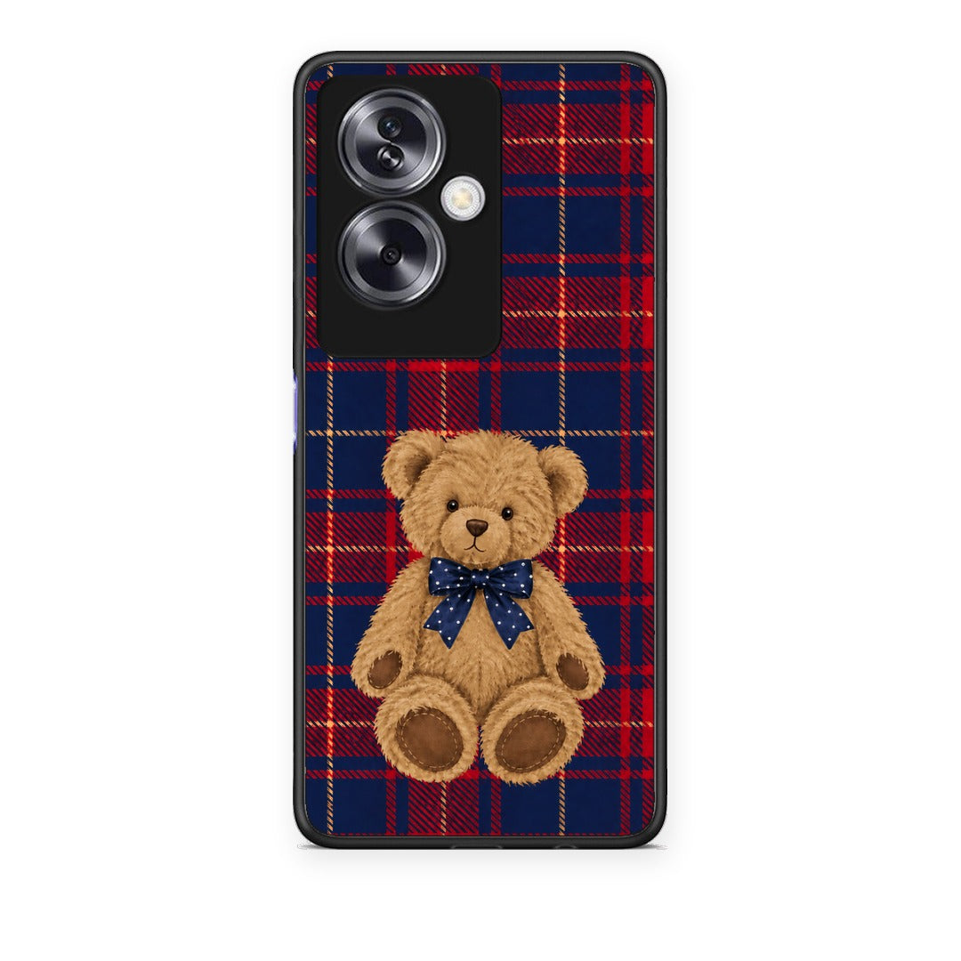 Θήκη Oppo A79 / A2 Teddy Bear on Red and Navy Tartan από τη Smartfits με σχέδιο στο πίσω μέρος και μαύρο περίβλημα | Oppo A79 / A2 Teddy Bear on Red and Navy Tartan case with colorful back and black bezels