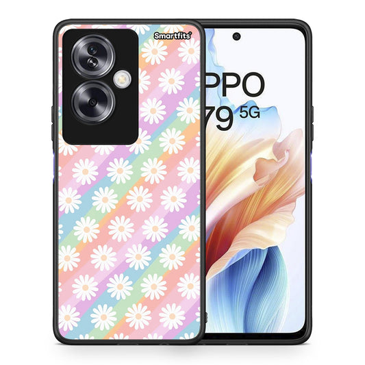 Θήκη Oppo A79 / A2 White Daisies από τη Smartfits με σχέδιο στο πίσω μέρος και μαύρο περίβλημα | Oppo A79 / A2 White Daisies case with colorful back and black bezels