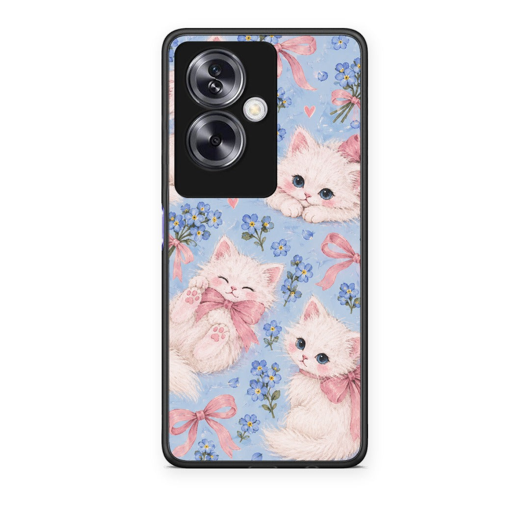 Θήκη Oppo A79 / A2 White Kittens and Blue Flowers Large από τη Smartfits με σχέδιο στο πίσω μέρος και μαύρο περίβλημα | Oppo A79 / A2 White Kittens and Blue Flowers Large case with colorful back and black bezels