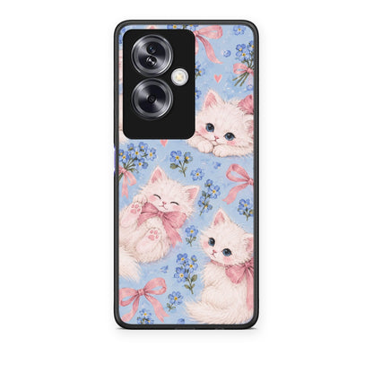 Θήκη Oppo A79 / A2 White Kittens and Blue Flowers Large από τη Smartfits με σχέδιο στο πίσω μέρος και μαύρο περίβλημα | Oppo A79 / A2 White Kittens and Blue Flowers Large case with colorful back and black bezels