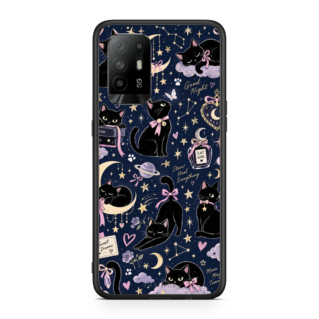 Θήκη Oppo A94 5G / F19 Pro / Reno5 Lite Celestial Black Cats on Navy από τη Smartfits με σχέδιο στο πίσω μέρος και μαύρο περίβλημα | Oppo A94 5G / F19 Pro / Reno5 Lite Celestial Black Cats on Navy case with colorful back and black bezels