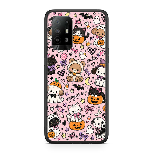 Θήκη Oppo A94 5G / F19 Pro / Reno5 Lite Halloween Cute Animals on Pink από τη Smartfits με σχέδιο στο πίσω μέρος και μαύρο περίβλημα | Oppo A94 5G / F19 Pro / Reno5 Lite Halloween Cute Animals on Pink case with colorful back and black bezels