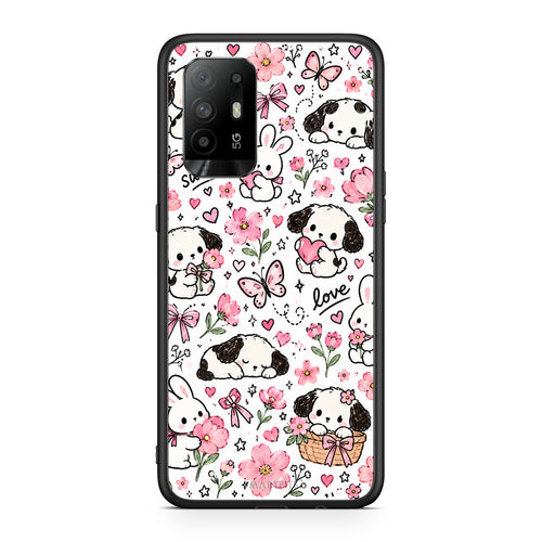 Θήκη Oppo A94 5G / F19 Pro / Reno5 Lite Pink Florals Puppies and Bunnies on White από τη Smartfits με σχέδιο στο πίσω μέρος και μαύρο περίβλημα | Oppo A94 5G / F19 Pro / Reno5 Lite Pink Florals Puppies and Bunnies on White case with colorful back and black bezels