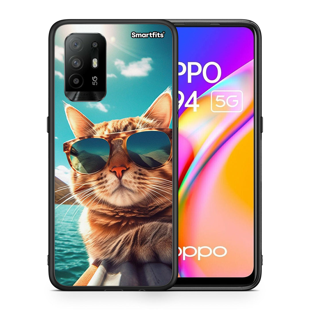 Θήκη Oppo A94 5G Summer Cat από τη Smartfits με σχέδιο στο πίσω μέρος και μαύρο περίβλημα | Oppo A94 5G Summer Cat case with colorful back and black bezels