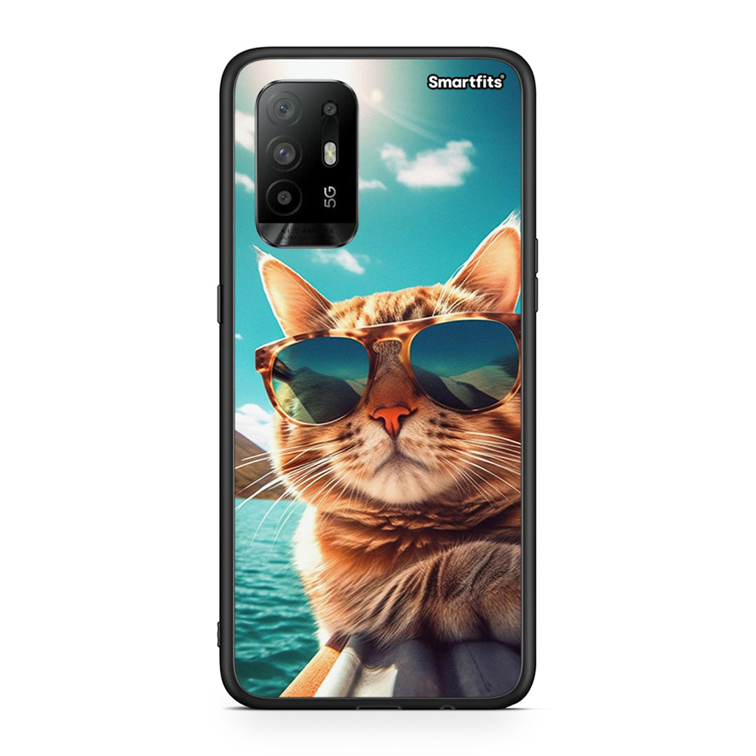 Oppo A94 5G Summer Cat θήκη από τη Smartfits με σχέδιο στο πίσω μέρος και μαύρο περίβλημα | Smartphone case with colorful back and black bezels by Smartfits