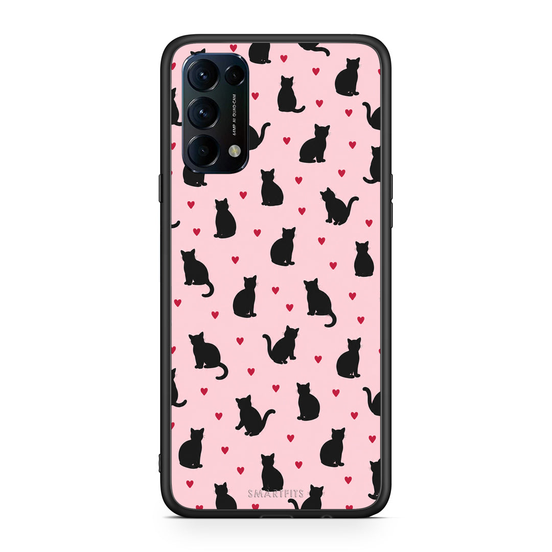 Θήκη Oppo Find X3 Lite / Reno 5 5G / Reno 5 4G Black Cat Silhouettes and Hearts on Pink από τη Smartfits με σχέδιο στο πίσω μέρος και μαύρο περίβλημα | Oppo Find X3 Lite / Reno 5 5G / Reno 5 4G Black Cat Silhouettes and Hearts on Pink case with colorful back and black bezels