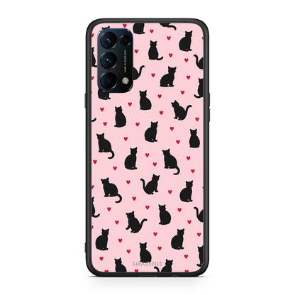 Θήκη Oppo Find X3 Lite / Reno 5 5G / Reno 5 4G Black Cat Silhouettes and Hearts on Pink από τη Smartfits με σχέδιο στο πίσω μέρος και μαύρο περίβλημα | Oppo Find X3 Lite / Reno 5 5G / Reno 5 4G Black Cat Silhouettes and Hearts on Pink case with colorful back and black bezels