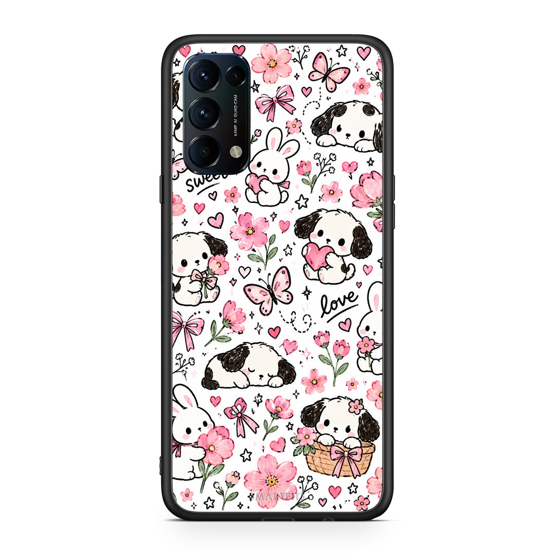 Θήκη Oppo Find X3 Lite / Reno 5 5G / Reno 5 4G Pink Florals Puppies and Bunnies on White από τη Smartfits με σχέδιο στο πίσω μέρος και μαύρο περίβλημα | Oppo Find X3 Lite / Reno 5 5G / Reno 5 4G Pink Florals Puppies and Bunnies on White case with colorful back and black bezels
