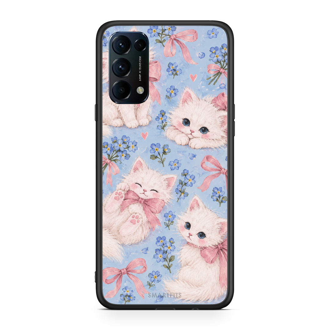 Θήκη Oppo Find X3 Lite / Reno 5 5G / Reno 5 4G White Kittens and Blue Flowers Large από τη Smartfits με σχέδιο στο πίσω μέρος και μαύρο περίβλημα | Oppo Find X3 Lite / Reno 5 5G / Reno 5 4G White Kittens and Blue Flowers Large case with colorful back and black bezels