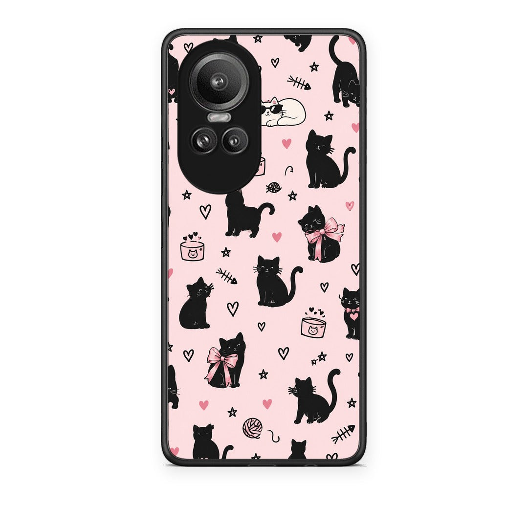 Θήκη Oppo Reno10 Pro Black Cat Doodles on Pink από τη Smartfits με σχέδιο στο πίσω μέρος και μαύρο περίβλημα | Oppo Reno10 Pro Black Cat Doodles on Pink case with colorful back and black bezels