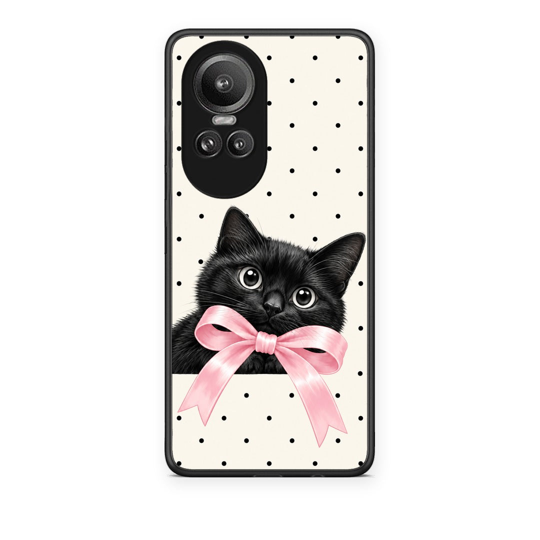 Θήκη Oppo Reno10 Pro Black Kitten Pink Bow and Polka Dots από τη Smartfits με σχέδιο στο πίσω μέρος και μαύρο περίβλημα | Oppo Reno10 Pro Black Kitten Pink Bow and Polka Dots case with colorful back and black bezels