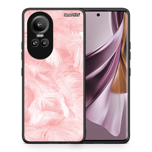 Θήκη Oppo Reno10 Pro Pink Feather Boho από τη Smartfits με σχέδιο στο πίσω μέρος και μαύρο περίβλημα | Oppo Reno10 Pro Pink Feather Boho case with colorful back and black bezels