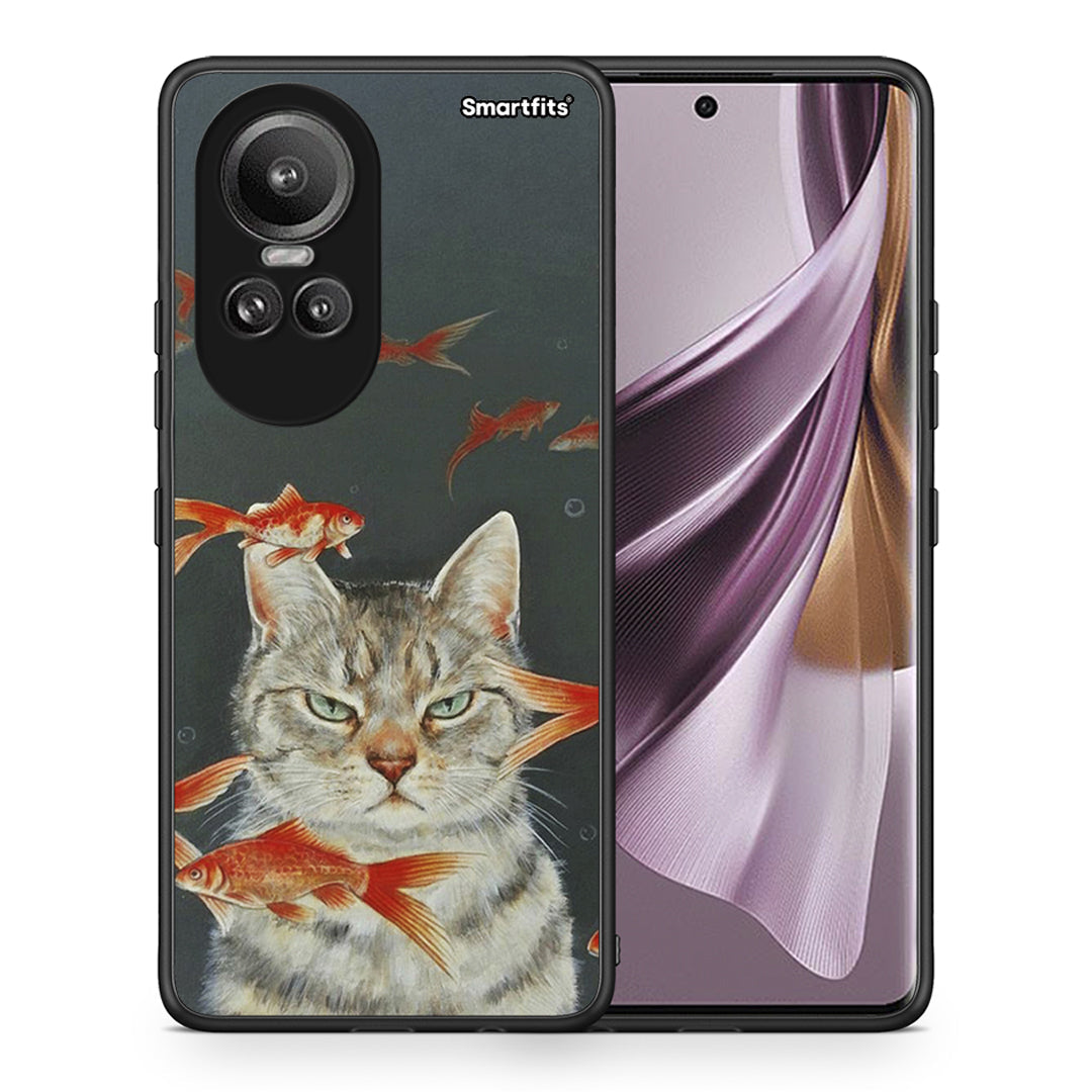 Θήκη Oppo Reno10 Pro Cat Goldfish από τη Smartfits με σχέδιο στο πίσω μέρος και μαύρο περίβλημα | Oppo Reno10 Pro Cat Goldfish case with colorful back and black bezels