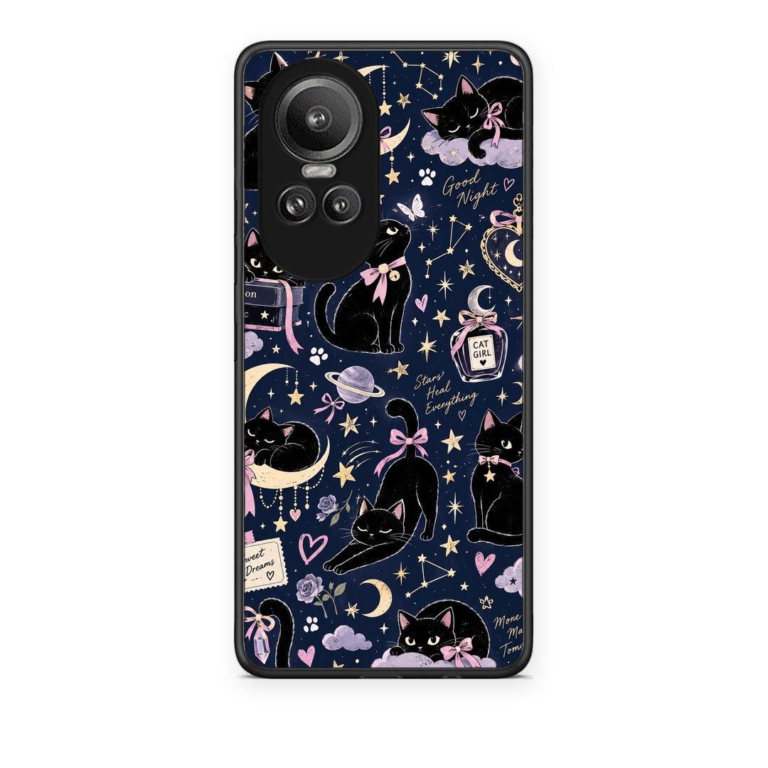 Θήκη Oppo Reno10 Pro Celestial Black Cats on Navy από τη Smartfits με σχέδιο στο πίσω μέρος και μαύρο περίβλημα | Oppo Reno10 Pro Celestial Black Cats on Navy case with colorful back and black bezels