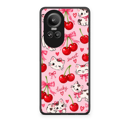 Θήκη Oppo Reno10 Pro Cherries Bows and Kittens on Pink από τη Smartfits με σχέδιο στο πίσω μέρος και μαύρο περίβλημα | Oppo Reno10 Pro Cherries Bows and Kittens on Pink case with colorful back and black bezels