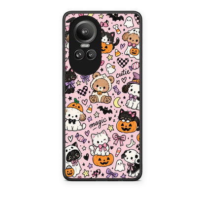 Θήκη Oppo Reno10 Pro Halloween Cute Animals on Pink από τη Smartfits με σχέδιο στο πίσω μέρος και μαύρο περίβλημα | Oppo Reno10 Pro Halloween Cute Animals on Pink case with colorful back and black bezels