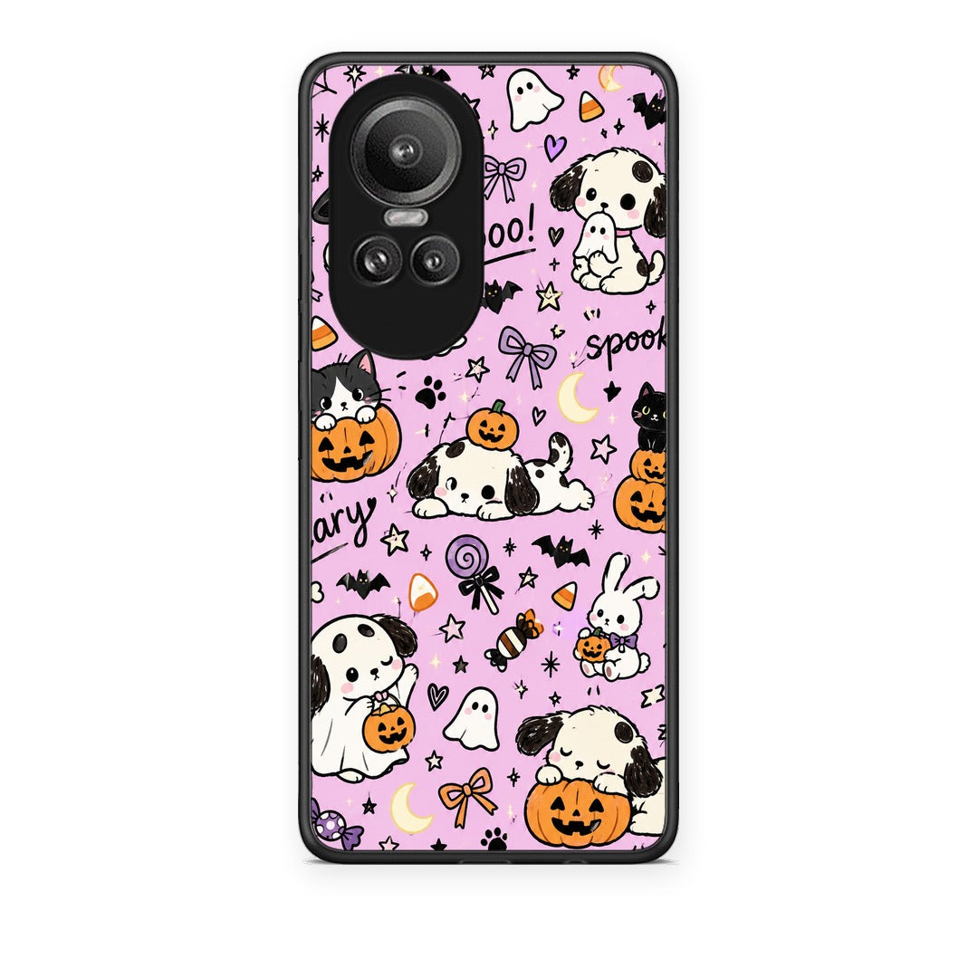 Θήκη Oppo Reno10 Pro Halloween Puppies and Friends on Lilac από τη Smartfits με σχέδιο στο πίσω μέρος και μαύρο περίβλημα | Oppo Reno10 Pro Halloween Puppies and Friends on Lilac case with colorful back and black bezels