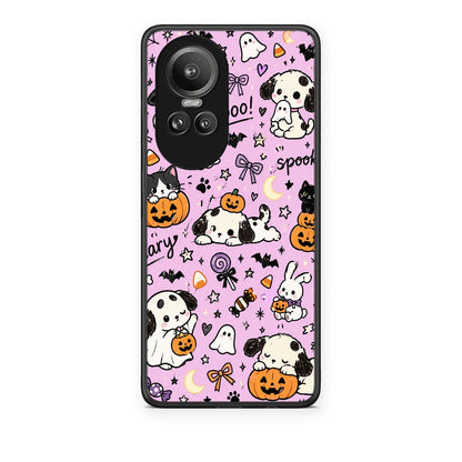 Θήκη Oppo Reno10 Pro Halloween Puppies and Friends on Lilac από τη Smartfits με σχέδιο στο πίσω μέρος και μαύρο περίβλημα | Oppo Reno10 Pro Halloween Puppies and Friends on Lilac case with colorful back and black bezels