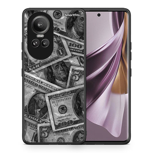 Θήκη Oppo Reno10 Pro Money Dollars από τη Smartfits με σχέδιο στο πίσω μέρος και μαύρο περίβλημα | Oppo Reno10 Pro Money Dollars case with colorful back and black bezels