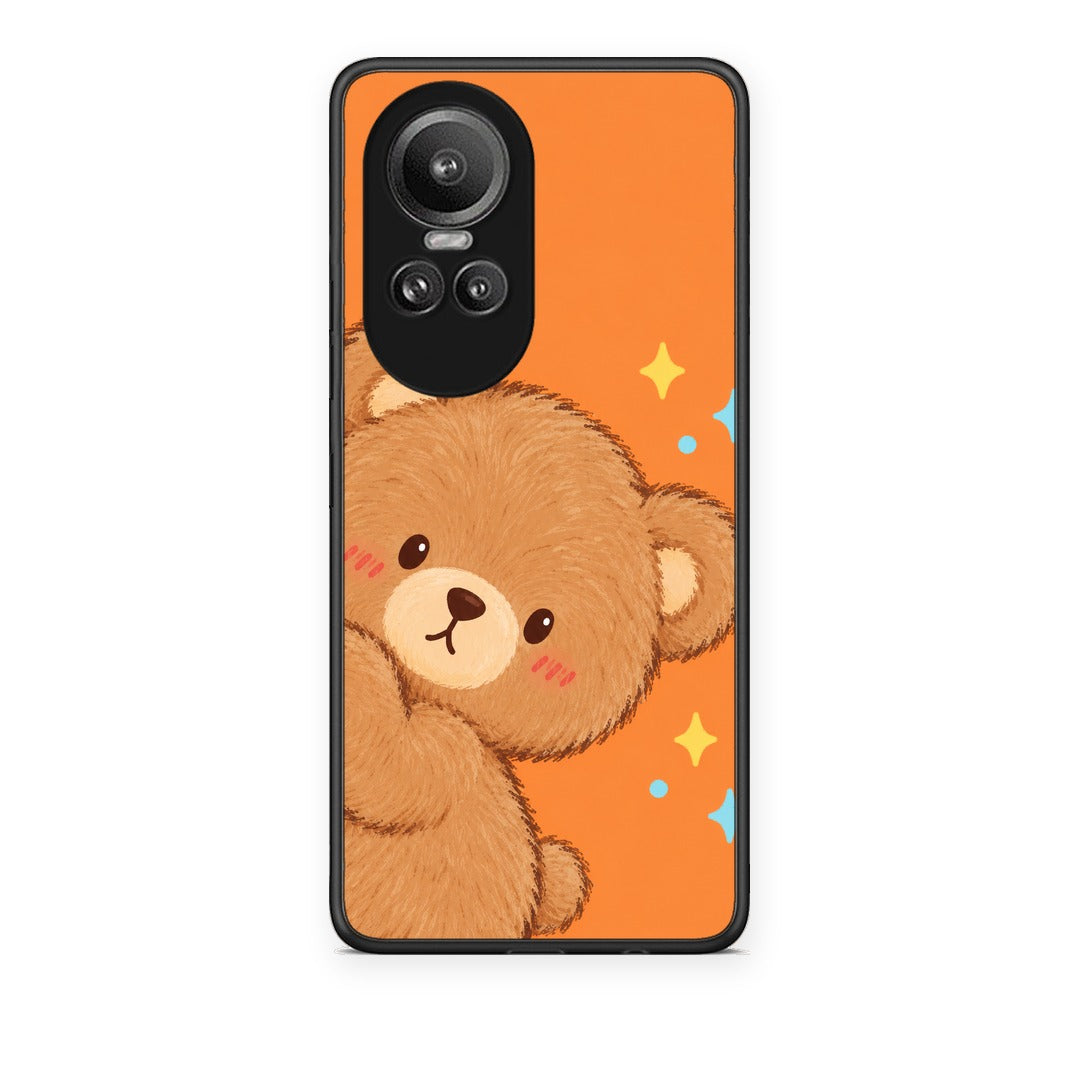 Θήκη Oppo Reno10 Pro Peekaboo Teddy on Orange από τη Smartfits με σχέδιο στο πίσω μέρος και μαύρο περίβλημα | Oppo Reno10 Pro Peekaboo Teddy on Orange case with colorful back and black bezels