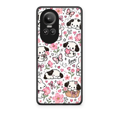 Θήκη Oppo Reno10 Pro Pink Florals Puppies and Bunnies on White από τη Smartfits με σχέδιο στο πίσω μέρος και μαύρο περίβλημα | Oppo Reno10 Pro Pink Florals Puppies and Bunnies on White case with colorful back and black bezels
