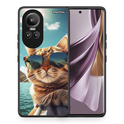 Θήκη Oppo Reno10 Pro Summer Cat από τη Smartfits με σχέδιο στο πίσω μέρος και μαύρο περίβλημα | Oppo Reno10 Pro Summer Cat case with colorful back and black bezels