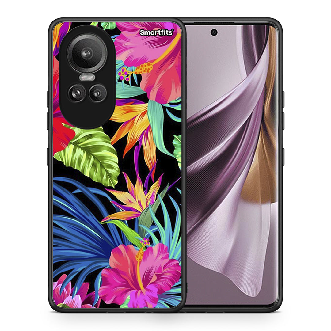 Θήκη Oppo Reno10 Pro Tropical Flowers από τη Smartfits με σχέδιο στο πίσω μέρος και μαύρο περίβλημα | Oppo Reno10 Pro Tropical Flowers case with colorful back and black bezels