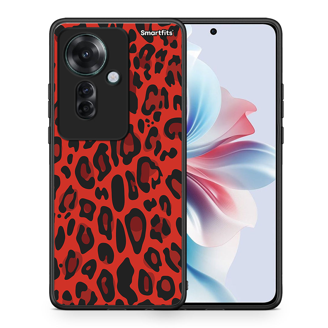 Θήκη Oppo Reno11 F 5G Red Leopard Animal από τη Smartfits με σχέδιο στο πίσω μέρος και μαύρο περίβλημα | Oppo Reno11 F 5G Red Leopard Animal case with colorful back and black bezels