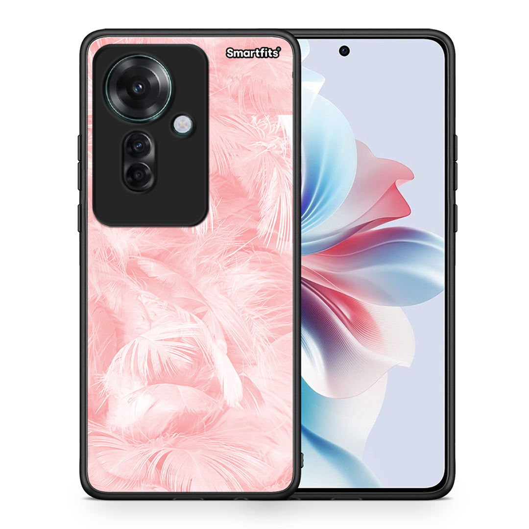 Θήκη Oppo Reno11 F 5G Pink Feather Boho από τη Smartfits με σχέδιο στο πίσω μέρος και μαύρο περίβλημα | Oppo Reno11 F 5G Pink Feather Boho case with colorful back and black bezels