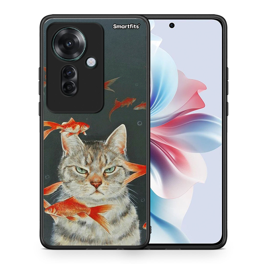 Θήκη Oppo Reno11 F 5G Cat Goldfish από τη Smartfits με σχέδιο στο πίσω μέρος και μαύρο περίβλημα | Oppo Reno11 F 5G Cat Goldfish case with colorful back and black bezels