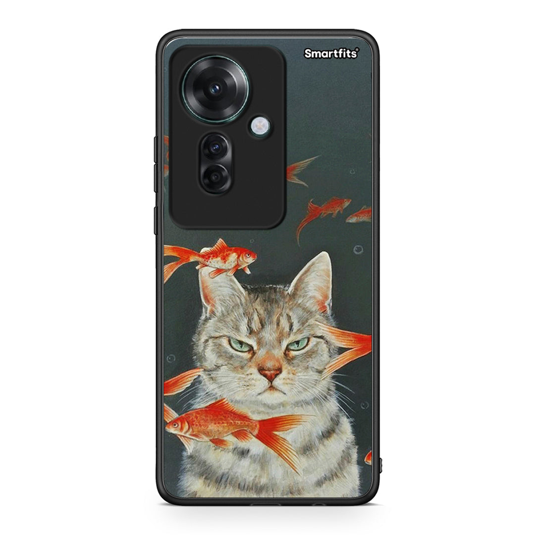 Oppo Reno11 F 5G Cat Goldfish θήκη από τη Smartfits με σχέδιο στο πίσω μέρος και μαύρο περίβλημα | Smartphone case with colorful back and black bezels by Smartfits