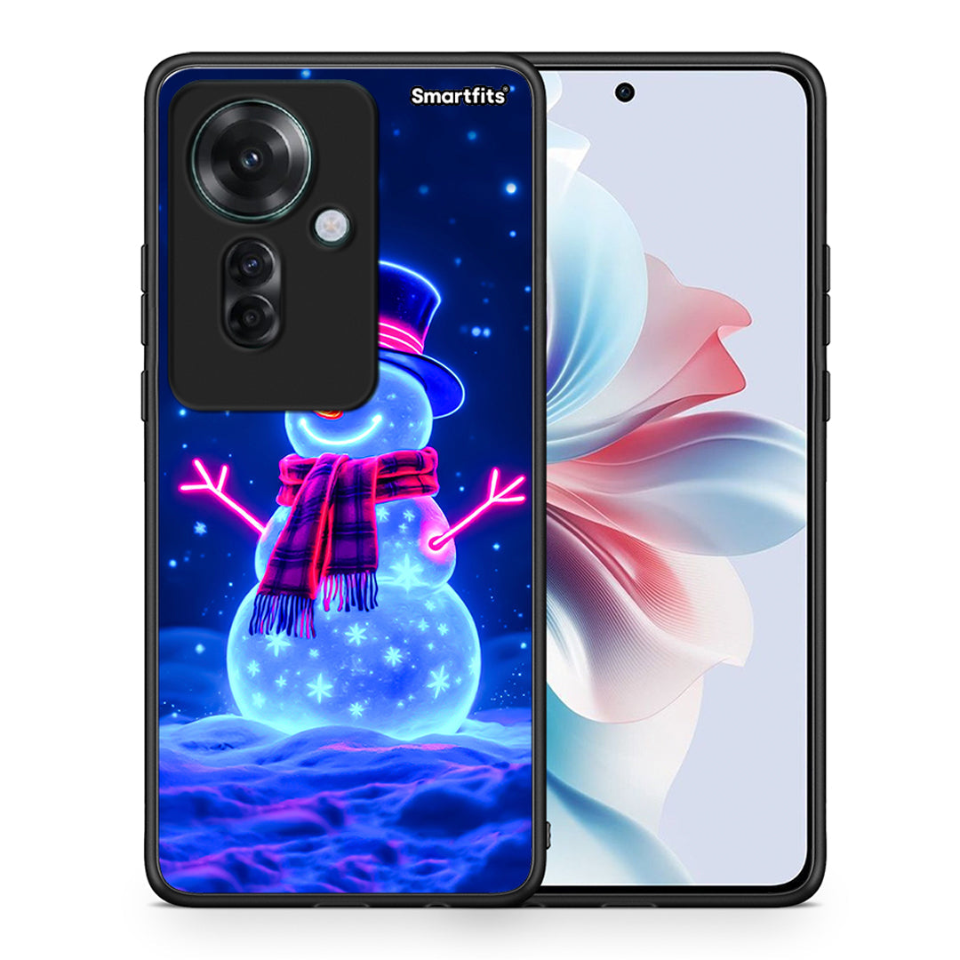 Θήκη Oppo Reno11 F 5G Christmas Neon Snowman από τη Smartfits με σχέδιο στο πίσω μέρος και μαύρο περίβλημα | Oppo Reno11 F 5G Christmas Neon Snowman case with colorful back and black bezels