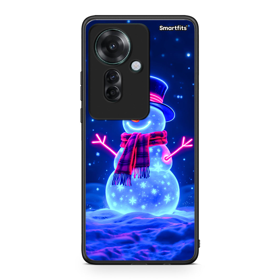 Oppo Reno11 F 5G Christmas Neon Snowman θήκη από τη Smartfits με σχέδιο στο πίσω μέρος και μαύρο περίβλημα | Smartphone case with colorful back and black bezels by Smartfits