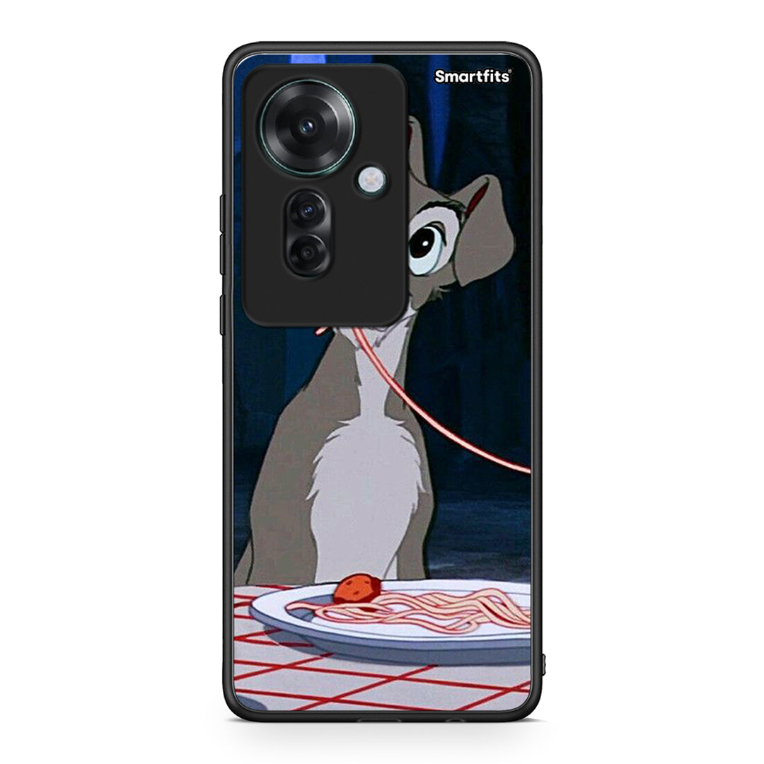 Oppo Reno11 F 5G Lady And Tramp 1 Θήκη Αγίου Βαλεντίνου από τη Smartfits με σχέδιο στο πίσω μέρος και μαύρο περίβλημα | Smartphone case with colorful back and black bezels by Smartfits