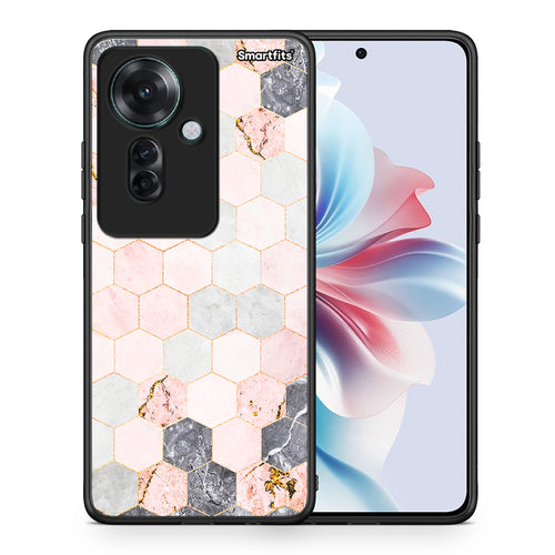 Θήκη Oppo Reno11 F 5G Hexagon Pink Marble από τη Smartfits με σχέδιο στο πίσω μέρος και μαύρο περίβλημα | Oppo Reno11 F 5G Hexagon Pink Marble case with colorful back and black bezels