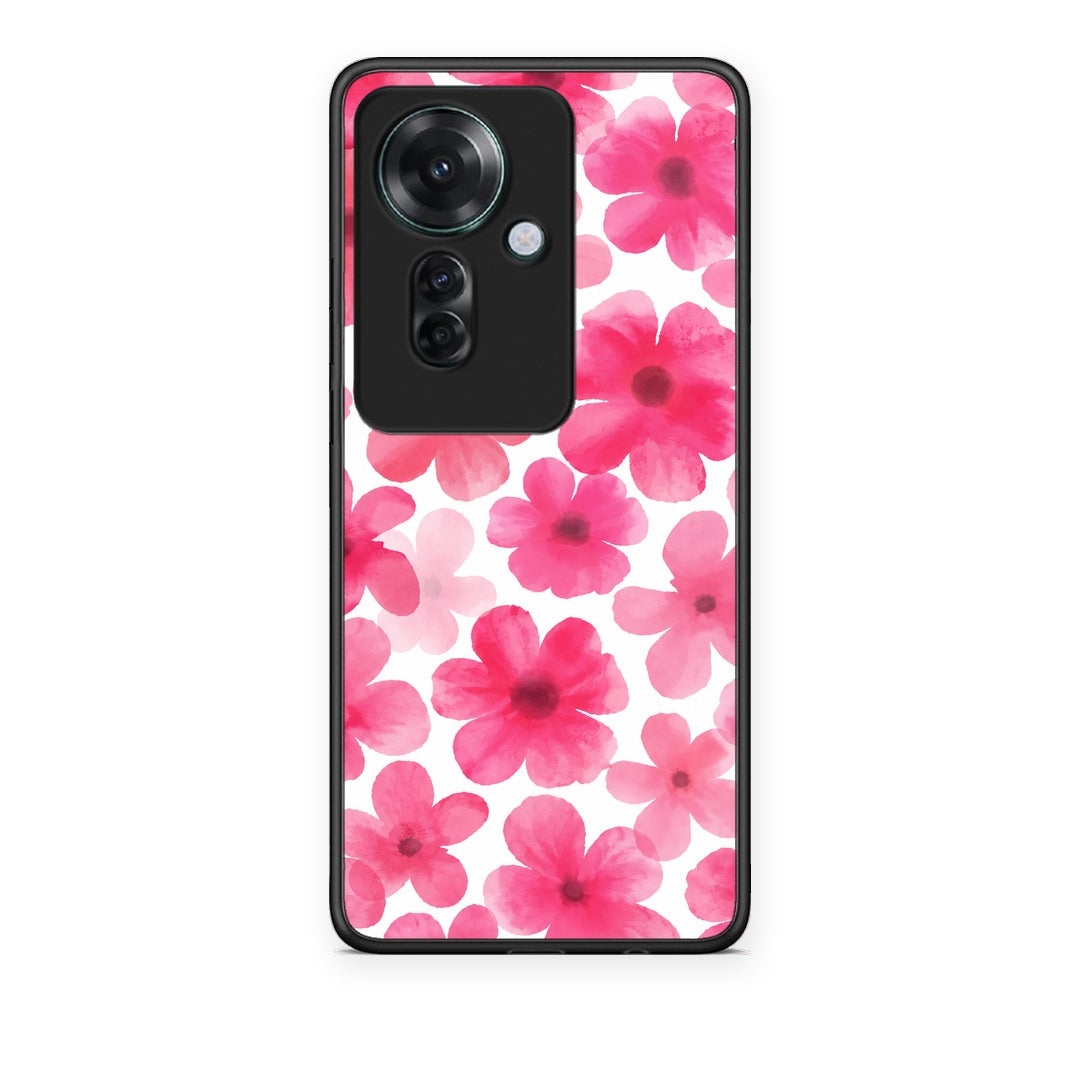 Θήκη Oppo Reno11 F 5G Pink Watercolour Flowers on White από τη Smartfits με σχέδιο στο πίσω μέρος και μαύρο περίβλημα | Oppo Reno11 F 5G Pink Watercolour Flowers on White case with colorful back and black bezels