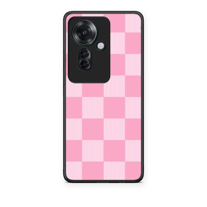 Θήκη Oppo Reno11 F 5G Pink and White Striped Checks από τη Smartfits με σχέδιο στο πίσω μέρος και μαύρο περίβλημα | Oppo Reno11 F 5G Pink and White Striped Checks case with colorful back and black bezels