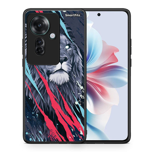 Θήκη Oppo Reno11 F 5G Lion Designer PopArt από τη Smartfits με σχέδιο στο πίσω μέρος και μαύρο περίβλημα | Oppo Reno11 F 5G Lion Designer PopArt case with colorful back and black bezels