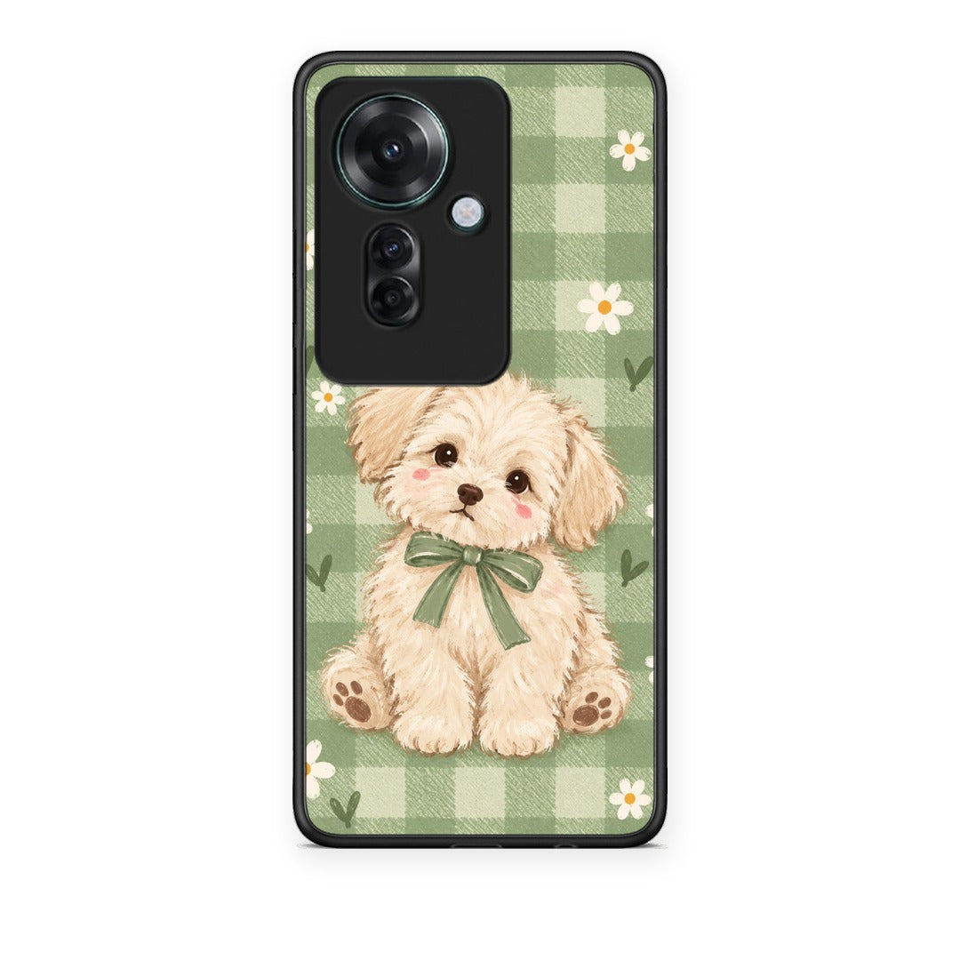 Θήκη Oppo Reno11 F 5G Puppy and Daisies on Sage Gingham από τη Smartfits με σχέδιο στο πίσω μέρος και μαύρο περίβλημα | Oppo Reno11 F 5G Puppy and Daisies on Sage Gingham case with colorful back and black bezels