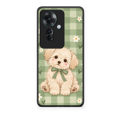Θήκη Oppo Reno11 F 5G Puppy and Daisies on Sage Gingham από τη Smartfits με σχέδιο στο πίσω μέρος και μαύρο περίβλημα | Oppo Reno11 F 5G Puppy and Daisies on Sage Gingham case with colorful back and black bezels